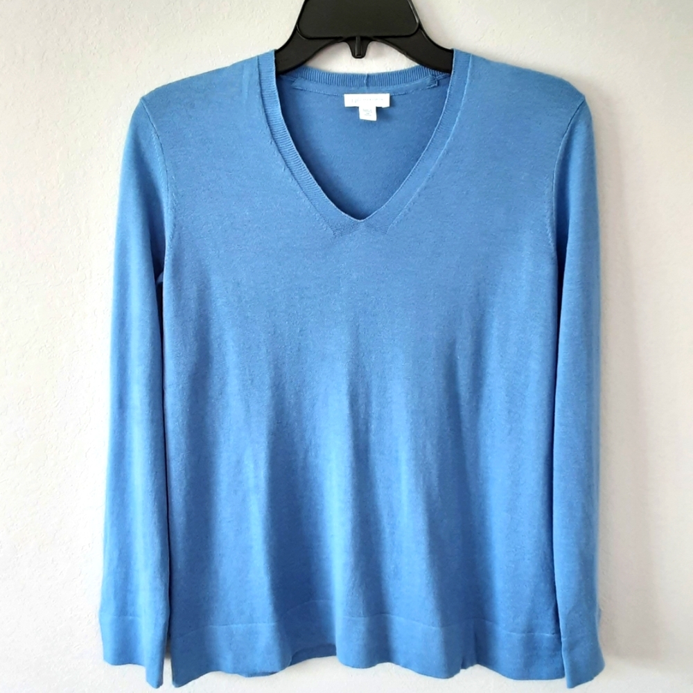 J Jill Womens Silk Cotton Blend V Neck Sweater XS Blue Long Sleeve Pullover